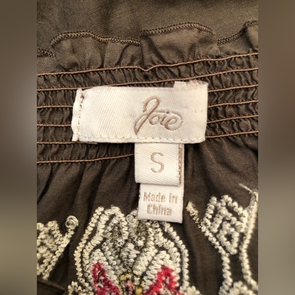 Joie Brown Embroidered Wooden Buttons Silk Blend Short Sleeve Blouse Top Small - Picture 8 of 16
